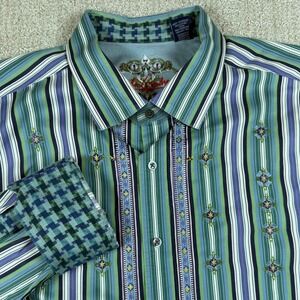 Robert Graham Mens 3XL Green Striped Embroidered Silk Trim Button Down Shirt